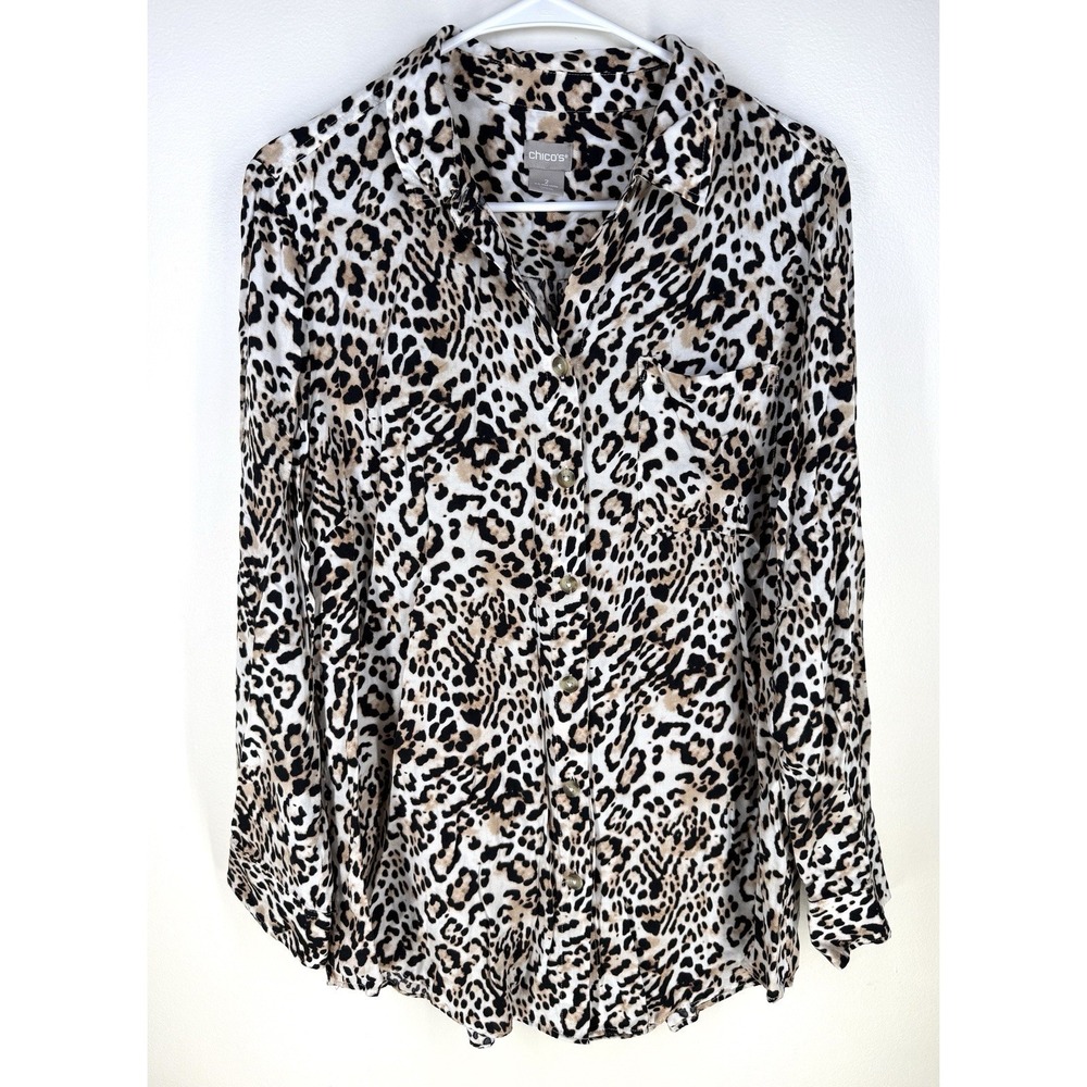 chicos long sleeve button Front top size 12/14 Animal Print Collared Blouse